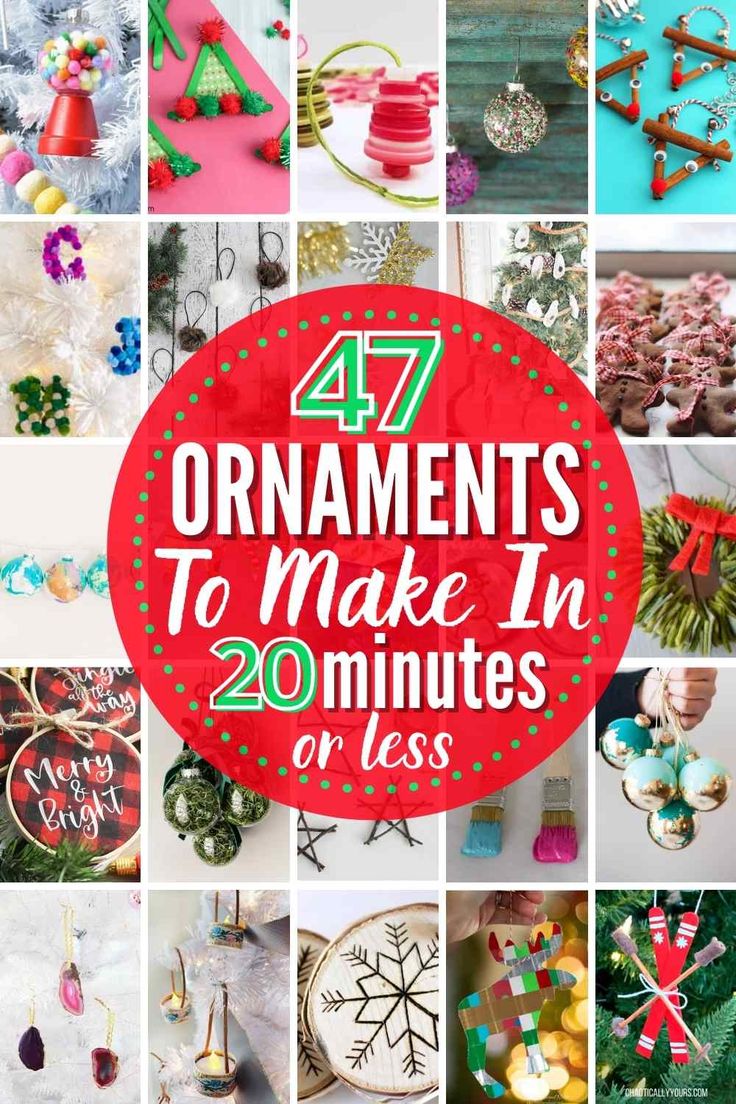 the words 47 ornaments to make in 20 minutes or less on top of pictures of christmas decorations