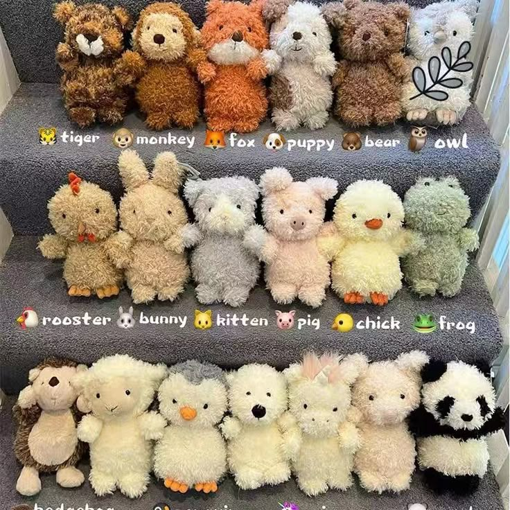 stuffed animals are lined up on the stairs to be used as decorations for children's rooms