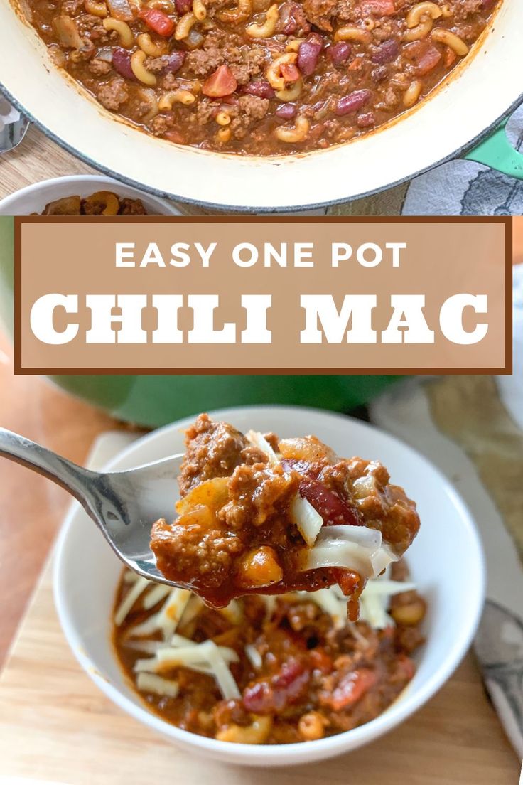 chili macaroni and cheese in a white bowl on a wooden cutting board with the words easy one pot chili macaroni