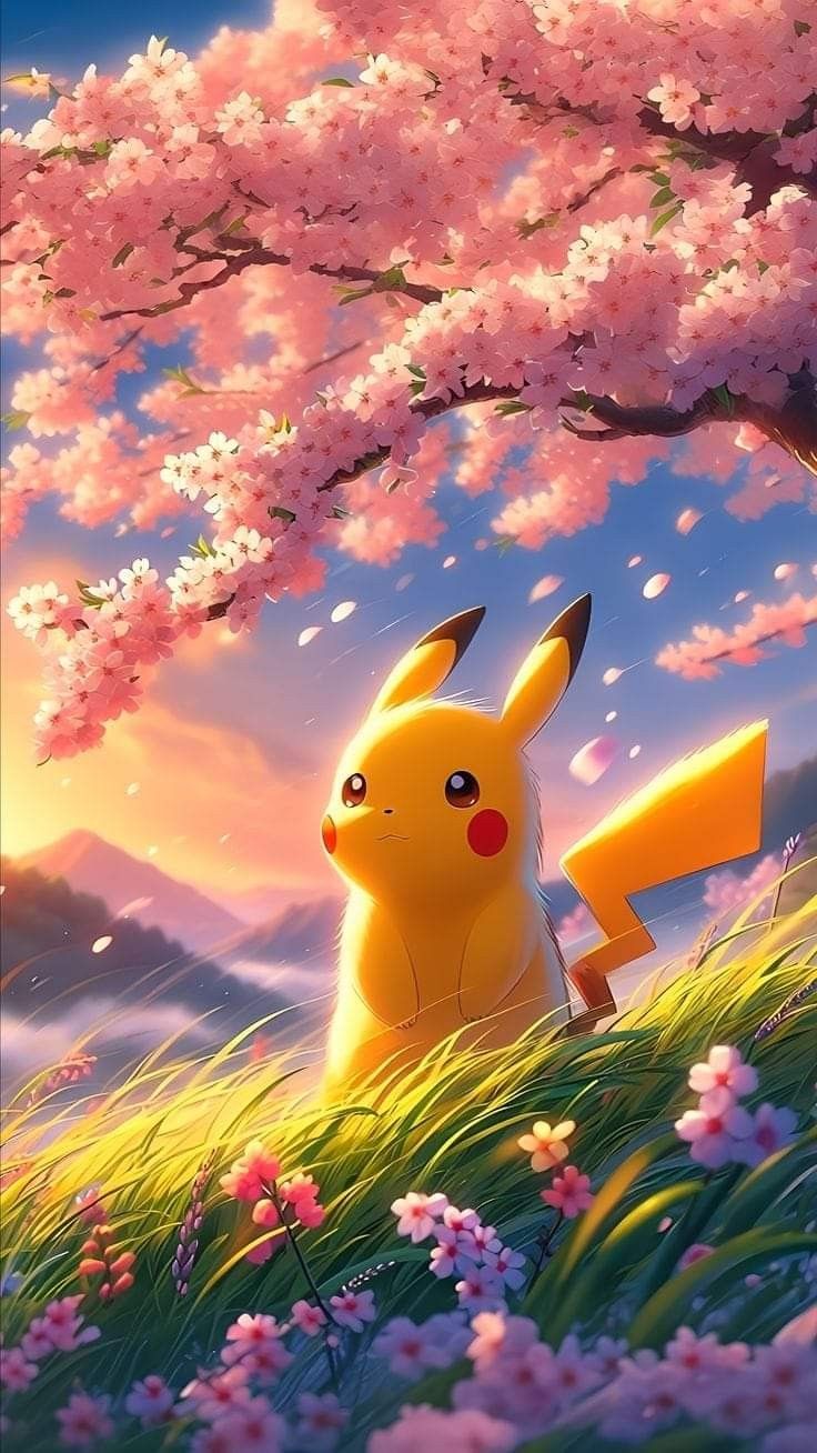 pikachu sitting under a cherry blossom tree