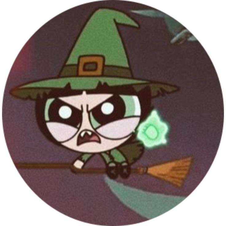 an image of a cartoon character with a witch's hat and eye patch holding a broom