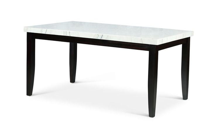 a white marble top table with black legs