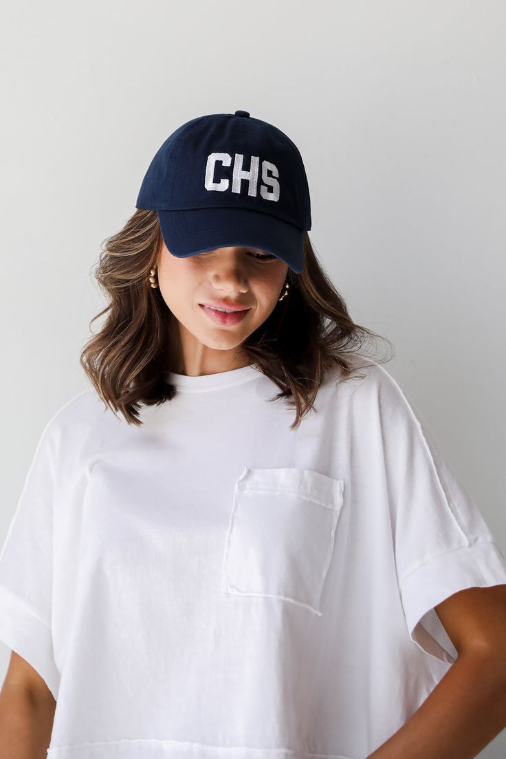 Navy Blue "CHS" Embroidered Hat Cute Hat, Embroidered Hat, Exclusive Dress, Embroidered Hats, Block Lettering, Cute Hats, Grey Denim, Blush Color, Colored Denim