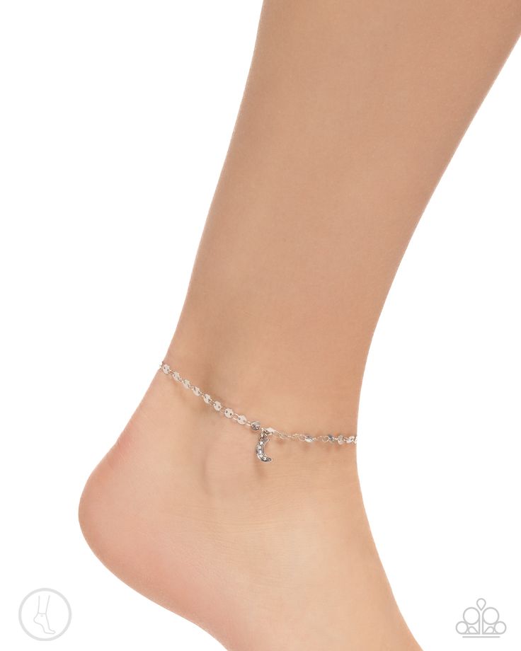 A rounded silver soda tab-inspired chain circles around the ankle while a dainty white rhinestone-encrusted silver crescent moon swings for a charmingly cosmic look. Features an adjustable clasp closure.   Sold as one individual anklet. Silver Dangle Metal Anklets, Silver Dangle Anklets, Adjustable Hypoallergenic Silver Anklet, Silver Adjustable Dangle Anklets, Adjustable Silver Dangle Anklets, Adjustable Metal Dangle Anklets, Adjustable Silver Nickel-free Anklets, Silver Anklets With Adjustable Chain, Silver Adjustable Chain Anklet