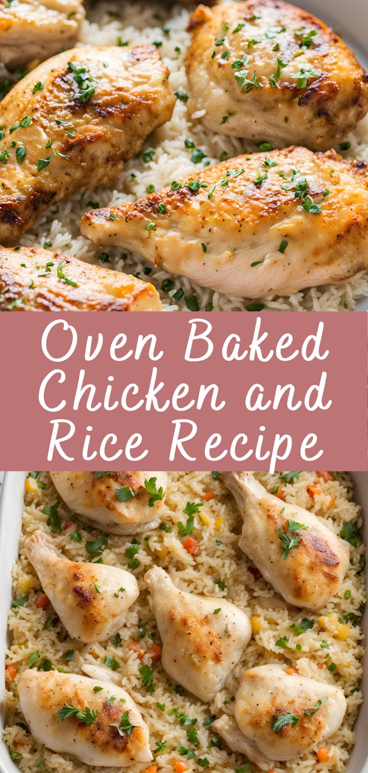 chicken and rice in a white casserole dish with the title overlay reads oven baked chicken and rice recipe