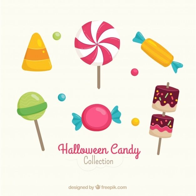 a collection of colorful candies and lollipops on white paper with the words halloween candy