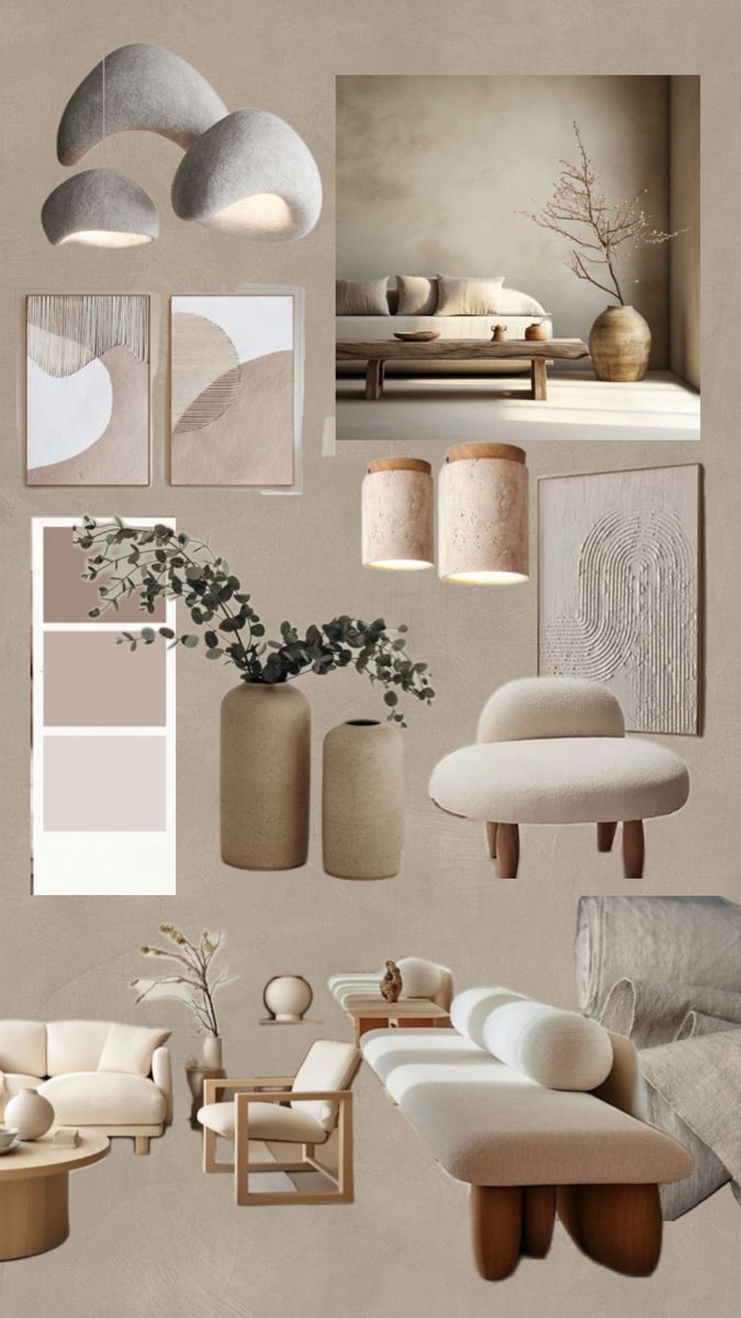 an assortment of furniture and decor items displayed on a white wall with neutral colors in the background