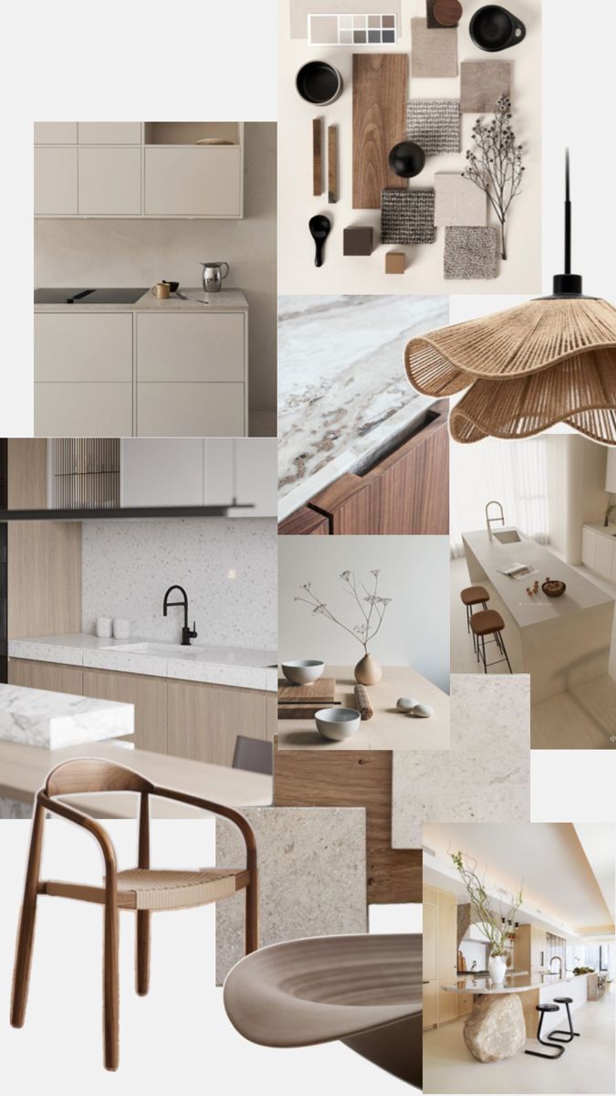 a collage of different kitchen and dining room furniture in white, wood, and beige tones