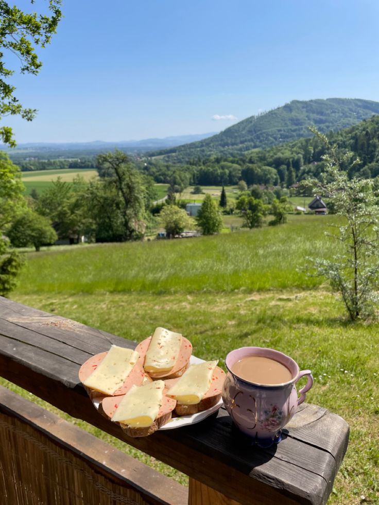 a cup of coffee and some bread on a wooden bench in front of a field