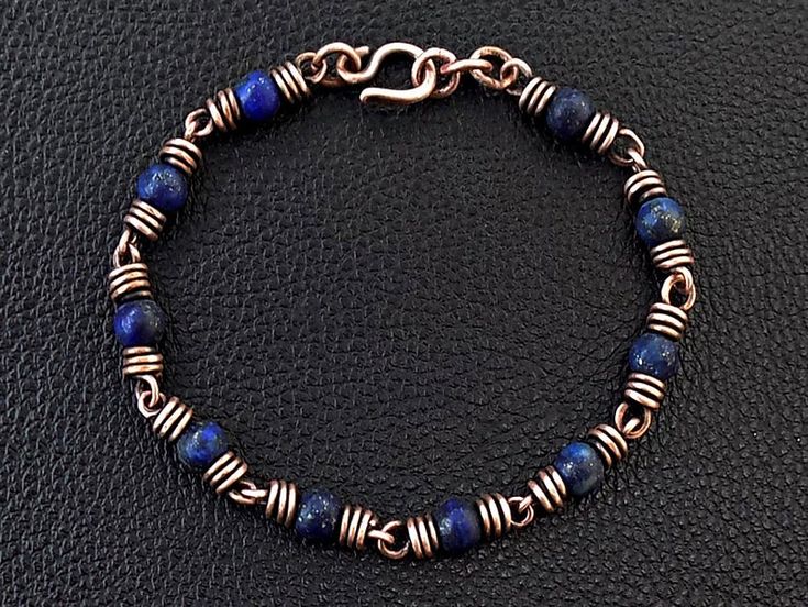 Blue Lapis Lazuli copper chain link men bracelet September | Etsy Adjustable Bronze Jewelry With Polished Beads, Elegant Copper Wire Wrapped Bracelets, Handmade Copper Wire Jewelry With Round Beads, Spiritual Copper Jewelry With Round Beads, Bronze Copper Wire Bracelet, Elegant Hand Wrapped Copper Jewelry, Hand Wrapped Round Bead Metal Jewelry, Hand Wrapped Metal Jewelry With Round Beads, Spiritual Copper Bracelets With Round Beads