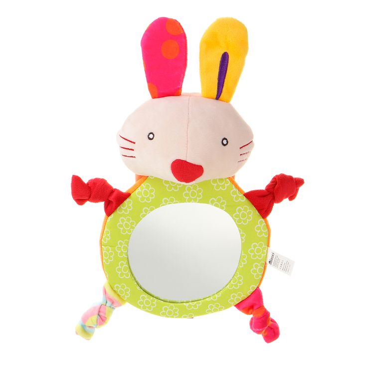 a stuffed rabbit holding a mirror in its paws