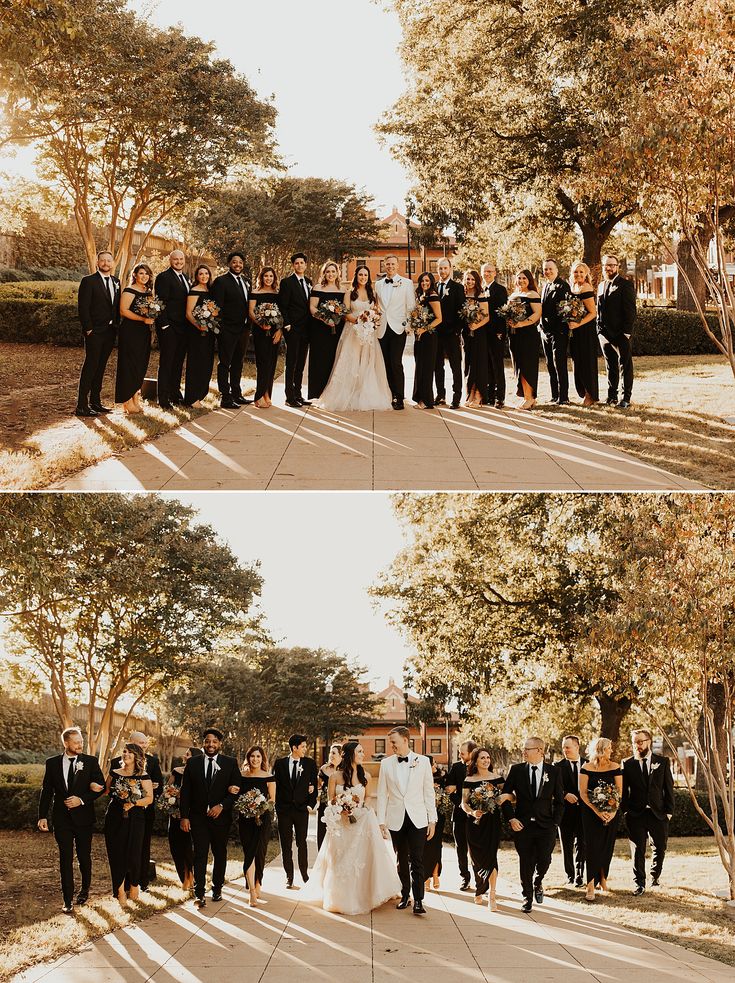 the bride and grooms are walking down the street together in front of their wedding party