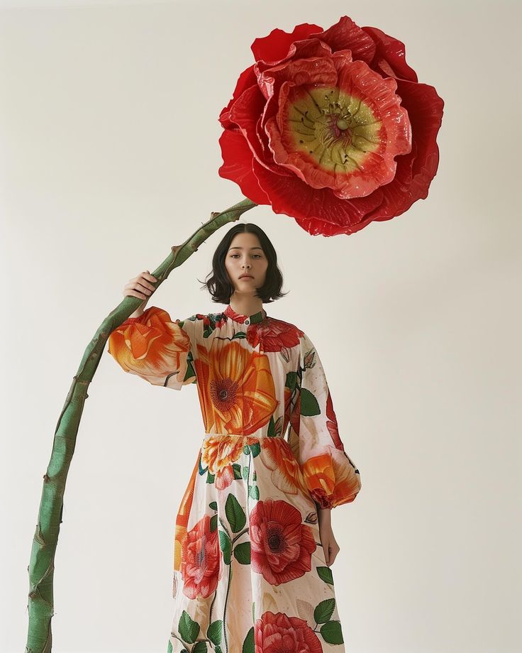 a woman is holding a large flower in her hand