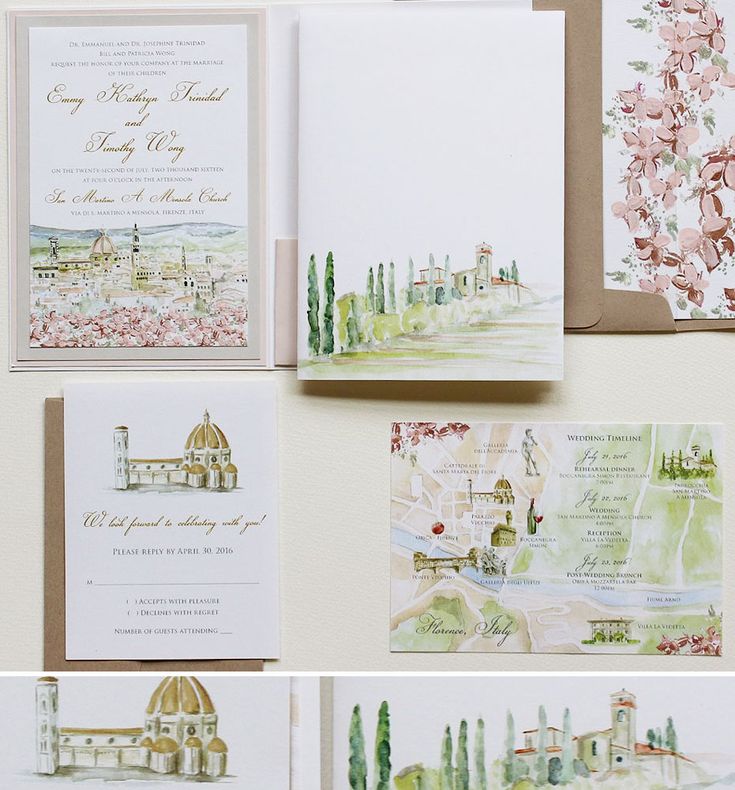 the wedding stationery is laid out on top of each other, including cards and envelopes