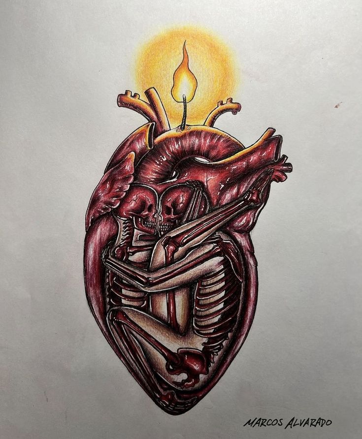 a drawing of a human heart with a candle in it