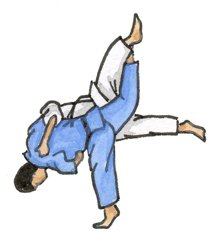 a drawing of two people in blue and white uniforms doing a handstand on one another