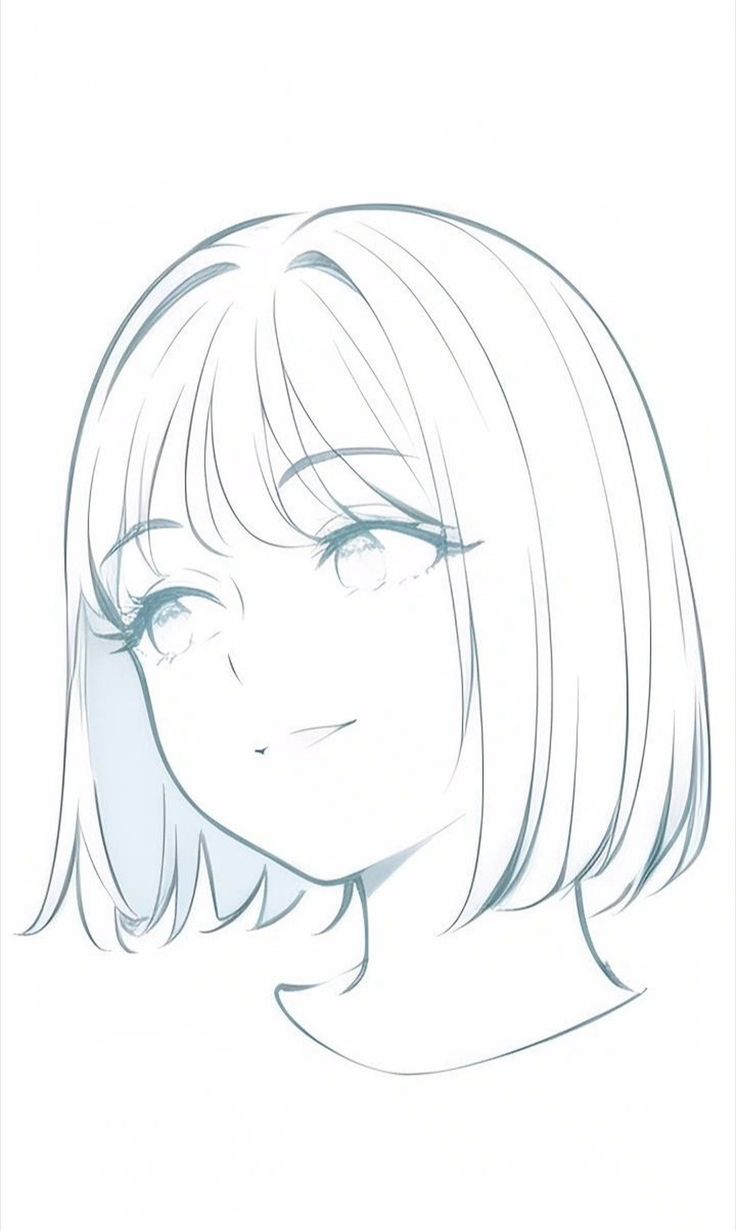 a drawing of a woman's face with short hair and bangs, looking to the side