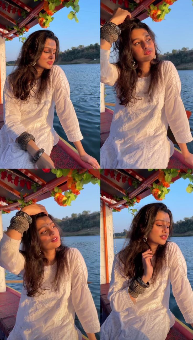 four pictures of a woman in white dress sitting on a boat and talking on her cell phone