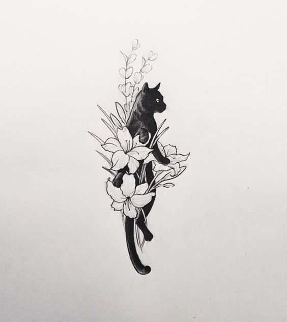 a black and white drawing of a cat with flowers in it's back legs