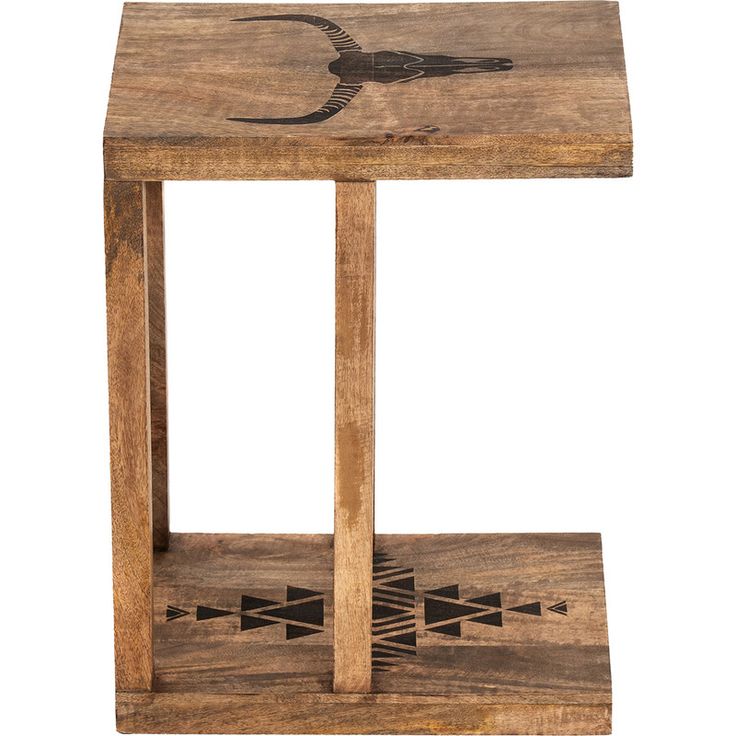 a wooden side table with a bird on it