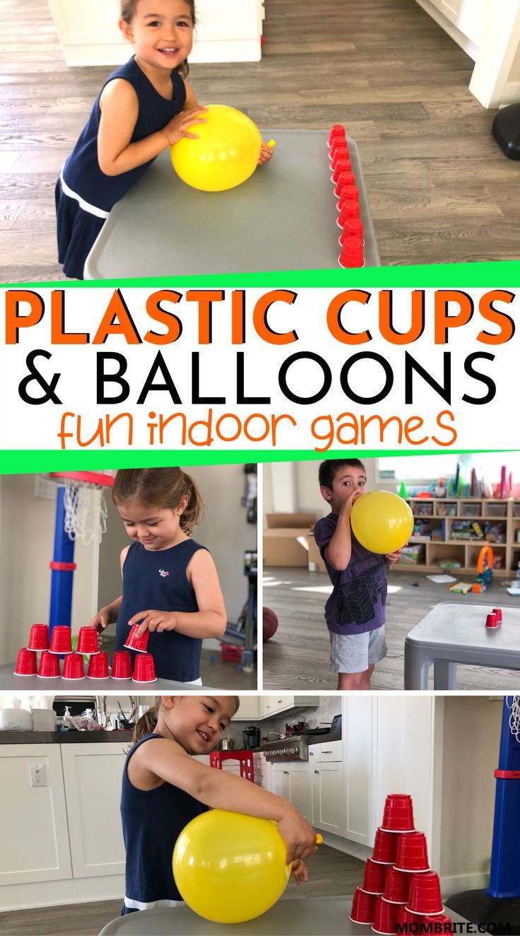 kids playing with plastic cups and balloons in the kitchen