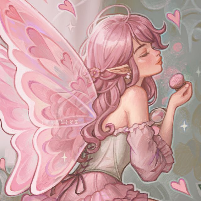 a pretty pink fairy holding a donut in her right hand and blowing on it