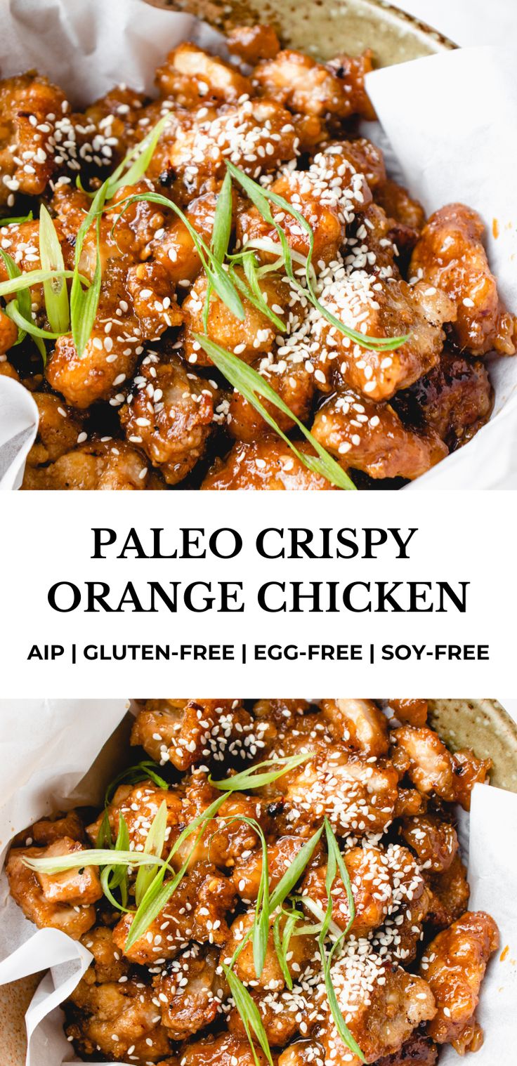 an image of chicken with sesame seeds on top and the words paleo crispy orange chicken