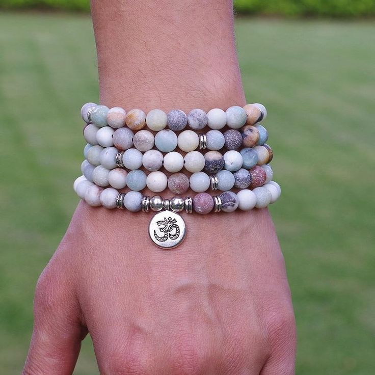 Natural Mala Beads Chakra Bracelet or Necklace - AtPerry's Healing Crystals Amazonite Bead Bracelet, Mantra Bracelet, Om Charm, Trendy Bracelets, Amazonite Stone, 108 Mala Beads, Energy Bracelets, Mala Bracelet, 108 Bead