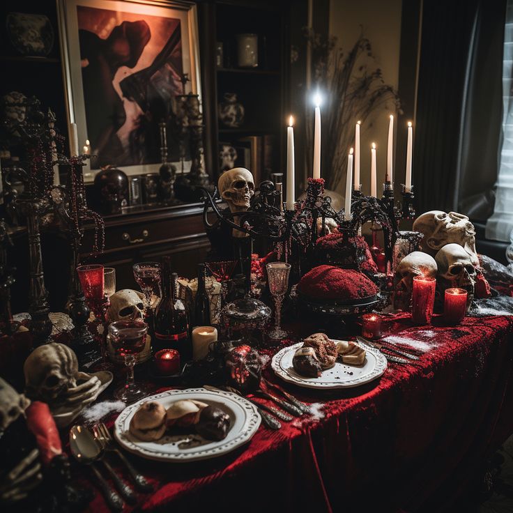 a table topped with plates covered in skulls and candles