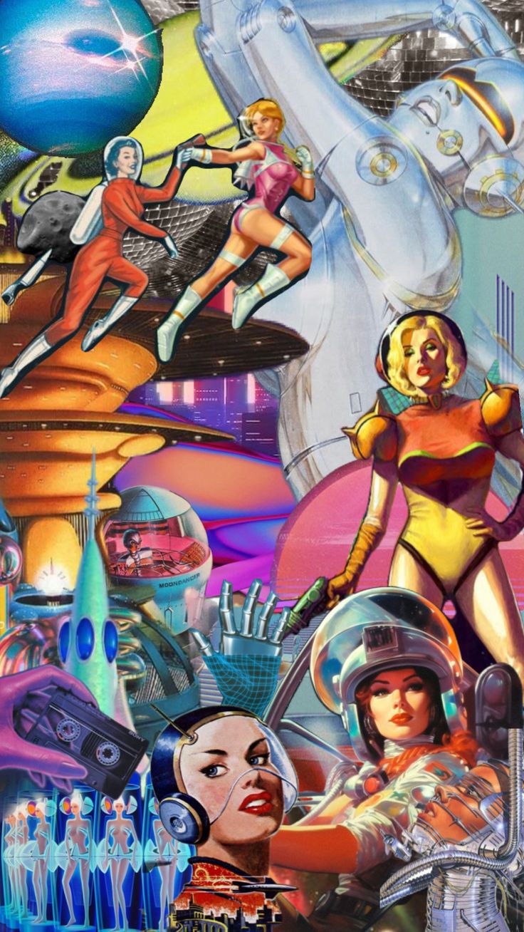 a collage of retro sci - fi images including women in space suits and rockets