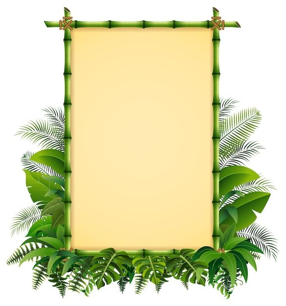 an empty sign surrounded by tropical plants on a white background