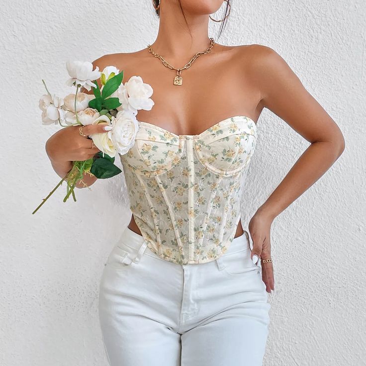 Get a sophisticated and sexy look with this women's sexy french gothic waist trainer bustier corset top. it features lace up boning and floral embroidery for a truly unique look. perfect for clubwear or a special occasion! Crop Pullover, Print Aesthetic, Blue Corset, Strapless Crop Top, Girls Crop Tops, Strapless Corset, Backless Top, Waist Cincher, Print Crop Tops