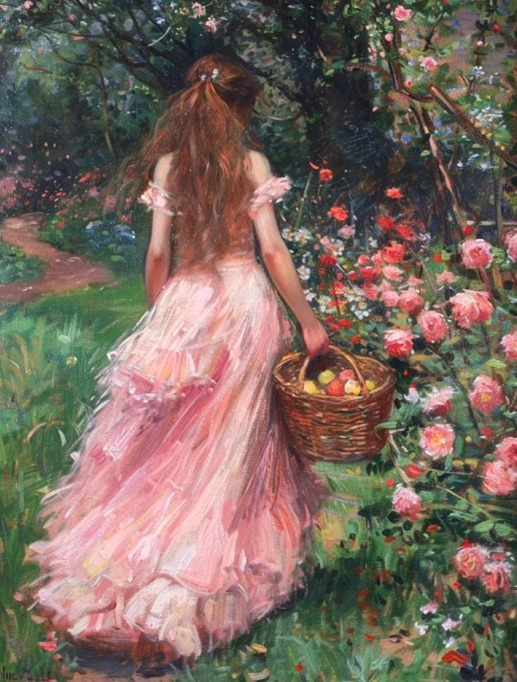 a painting of a woman in a pink dress holding a basket of fruit and flowers