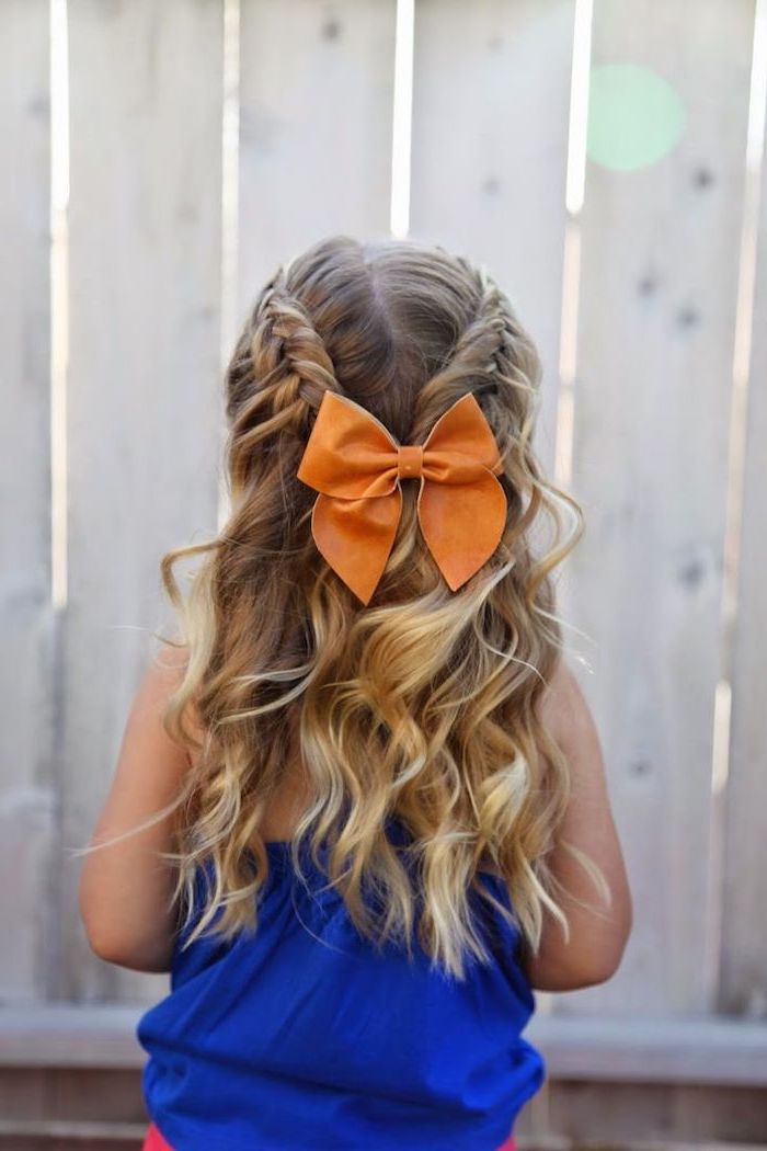 large-orange-bow-blue-top-blonde-wavy-hair-two-braids-braid-hairstyles-for-kids Black Haircuts, Easy Little Girl Hairstyles, Girl Hair Dos, Braid Inspiration, Flower Girl Hairstyles, Trendy Hair, Girls Black