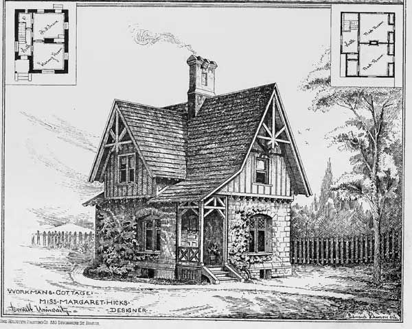 an old drawing of a house in the woods