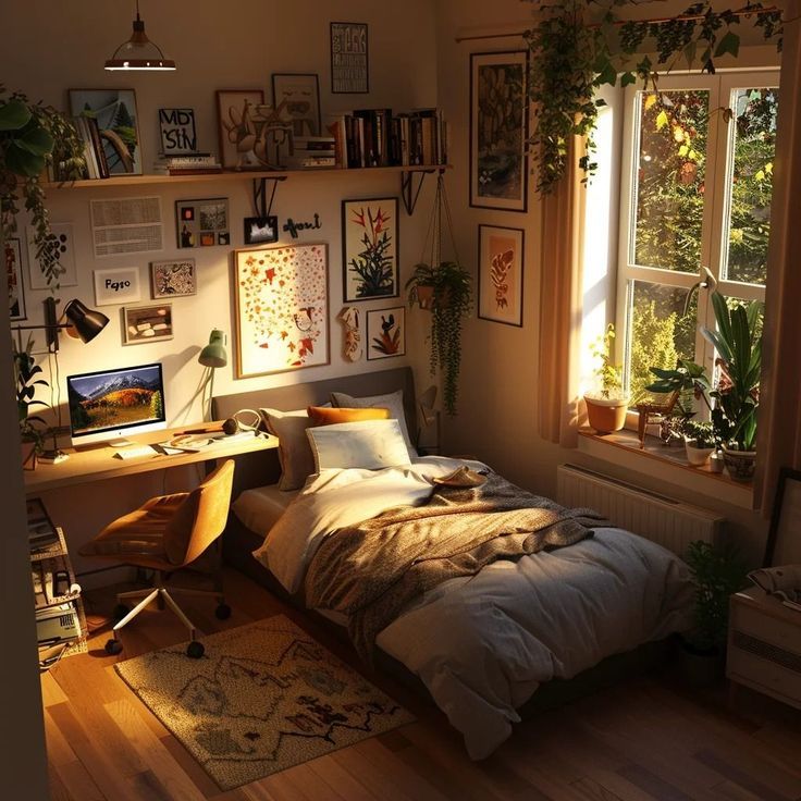 a bed sitting under a window next to a wooden desk with a computer on top of it