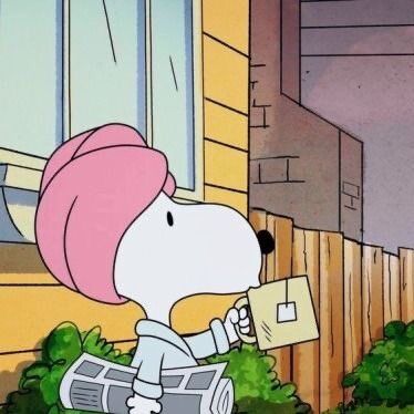 a cartoon character with pink hair is holding a newspaper and looking out the window at something