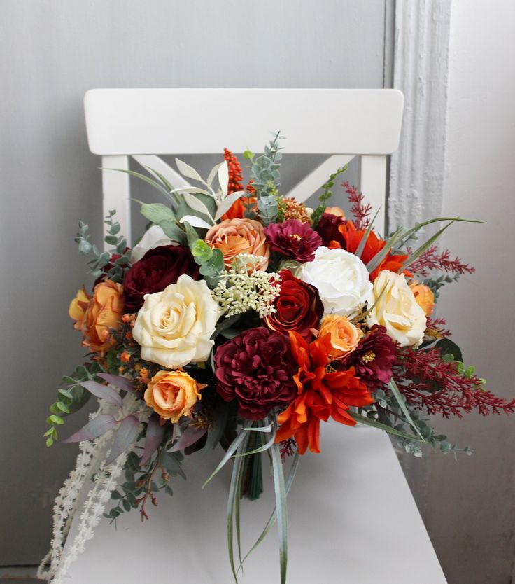 Burgundy And Orange Bouquet, Fall Color Bridal Bouquet, Bootnearis With Burggendy Burnt Orange Forest Green And Mustard Yellow In If, Cascading Bridal Bouquets Fall, Burnt Orange Burgundy Wedding Fall, Flower Bouquet Fall Wedding, Fall Flower Bouquets, Fall Bridal Bouquet October, Wedding Flowes