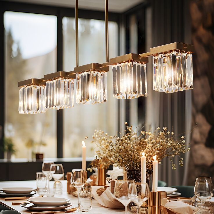 a dining room table is set with candles and place settings