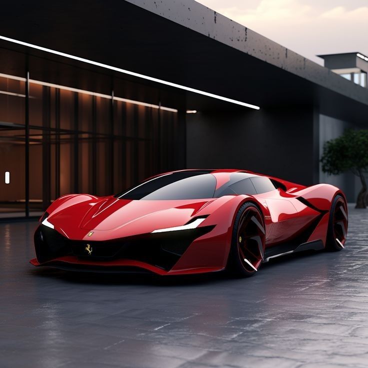 a red sports car parked in front of a building