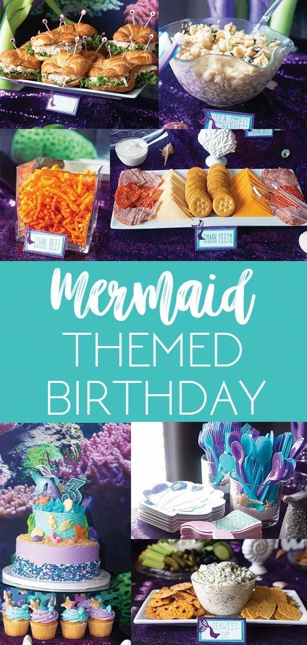 mermaid themed birthday party with lots of food