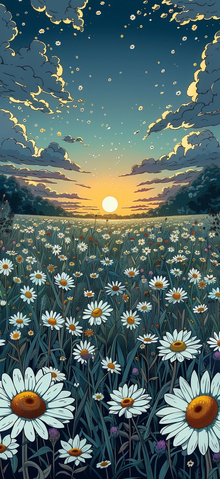 the sun is setting over a field of daisies with clouds in the sky above