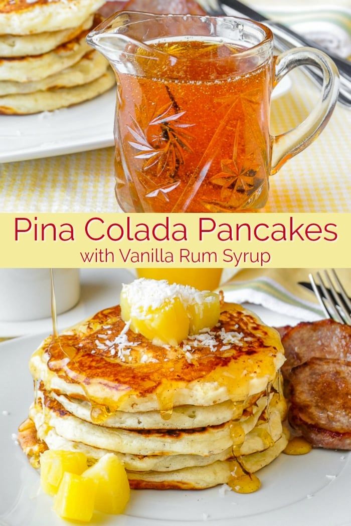 pancakes with vanilla rum syrup and pineapples are served on white plates for breakfast or brunch