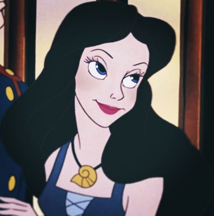 an animated image of a woman with blue eyes and black hair, in front of a soldier