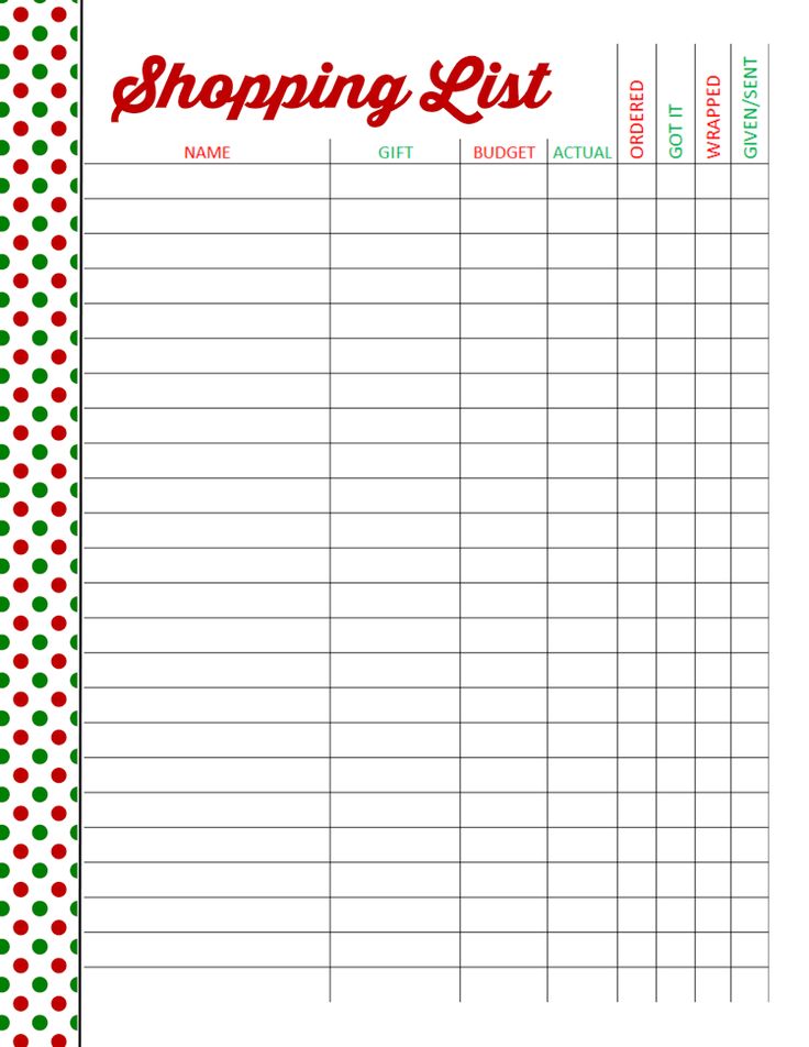 a printable shopping list with red and green polka dots on the bottom, in front of a white background