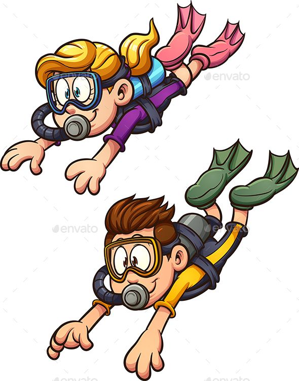 two kids diving in the water with scuba gear on their heads - people characters clip art