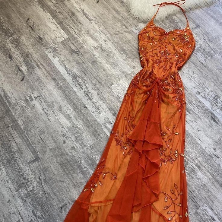 Orange Gowns Elegant, Orange Beaded Dress, Deep Orange Dress, Whimsigoth Ball Gown, Aesthetic Orange Dress, Orange Gown Aesthetic, Retro Formal Dresses, Vintage Orange Dress, Orange Grad Dress