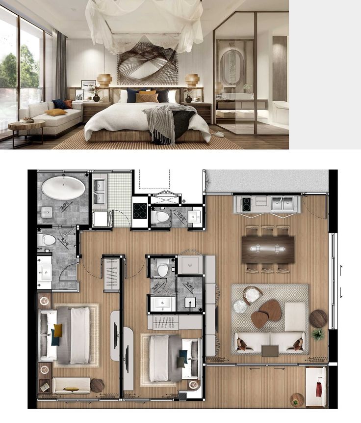 two views of a bedroom and living room from the top, with floor plans below