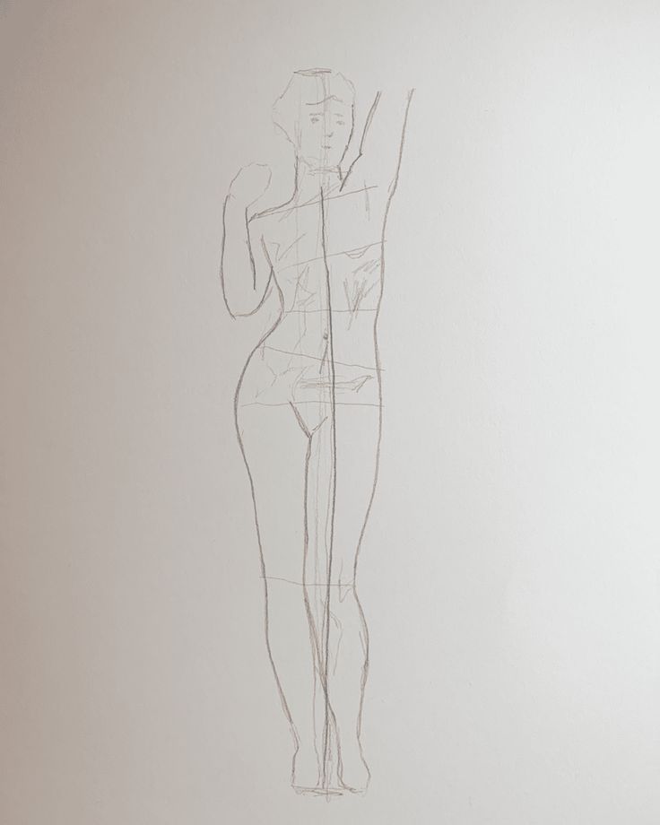 a drawing of a woman standing in front of a white wall with lines on it