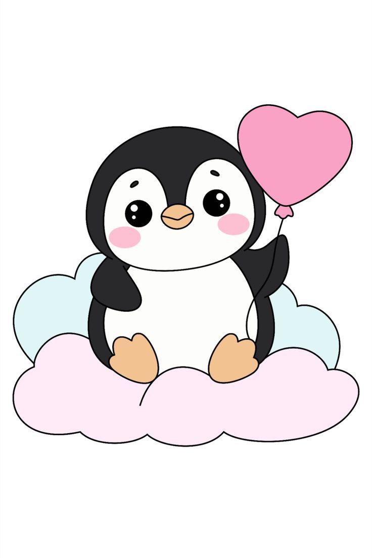 a penguin sitting on top of a cloud holding a heart